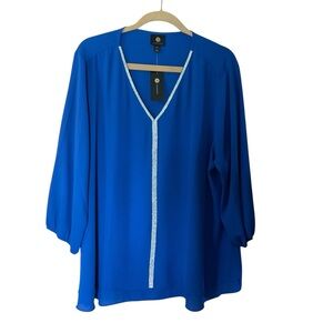 JM Collection Blue Holiday Rhinestone Trim Blouse XXL NWT $59.50